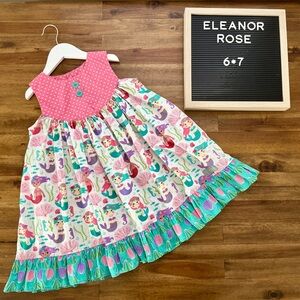Eleanor Rose Mermaid Lagoon Gigi Dress 6/7 Pink Dot Green Sea Shells Sleeveless